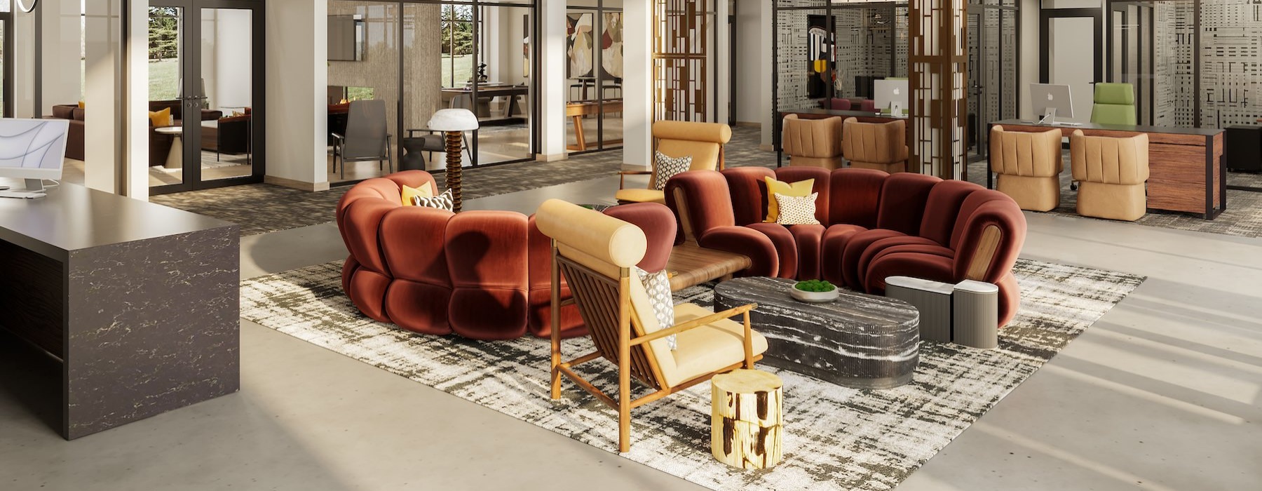a lounge with couches and chairs