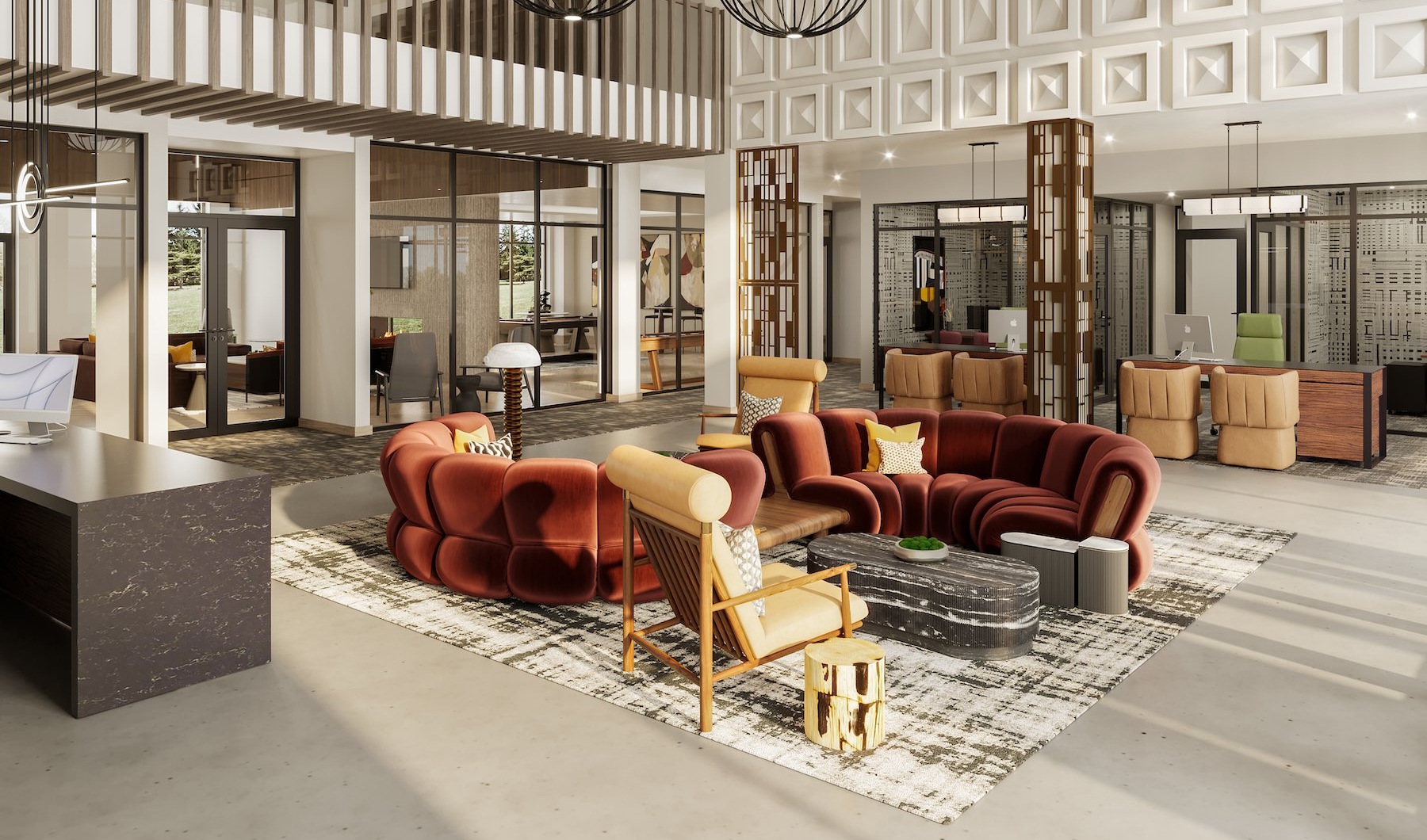 a lounge with couches and chairs