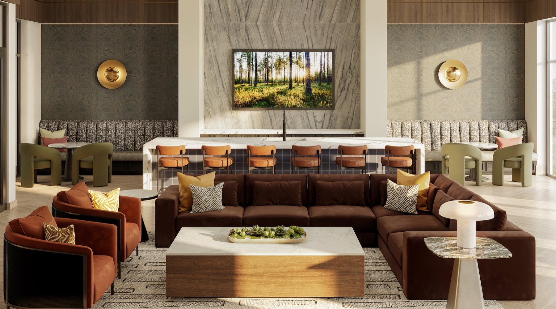 a clubroom with a couch, tv and chairs