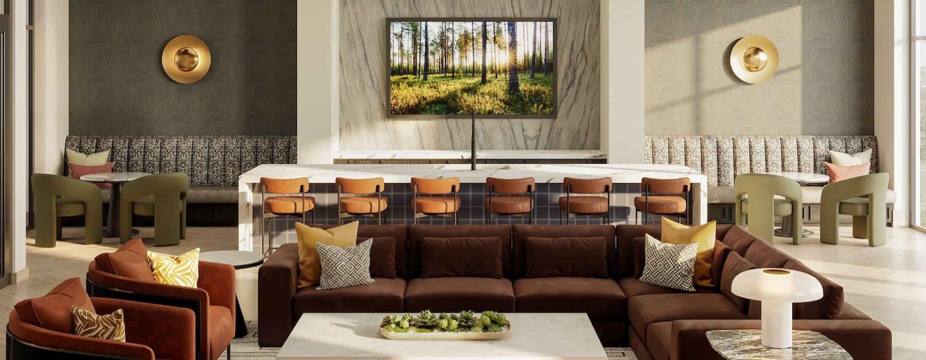 a clubroom with a couch, tv and chairs
