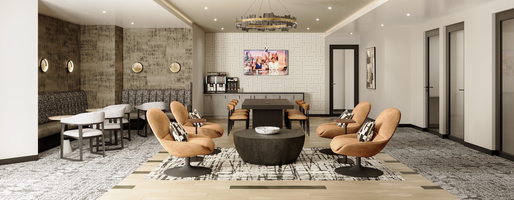 a clubroom with tables and chairs